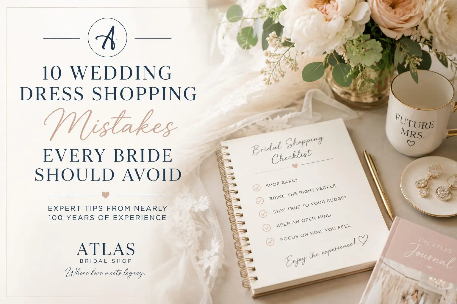 Bridal shopping checklist flatlay with flowers